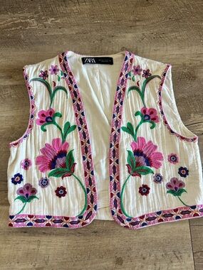 Zara cream Embroidered Floral Vest with Pink & Green Accents